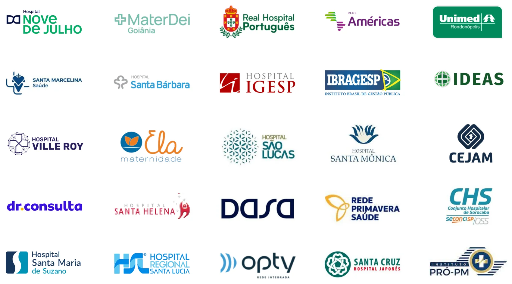 Logotipos de clientes no Brasil, entre eles Hospital Nove de Julho, MaterDei, Real Hospital Português, Rede Américas, Santa Marcelina Saúde, Dasa, dr.consulta e Santa Cruz Hospital Japonês