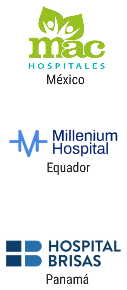 Logotipos de clientes na América Latina: MAC Hospitales, no México; Millenium Hospital, no Equador; e Hospital Brisas, no Panamá